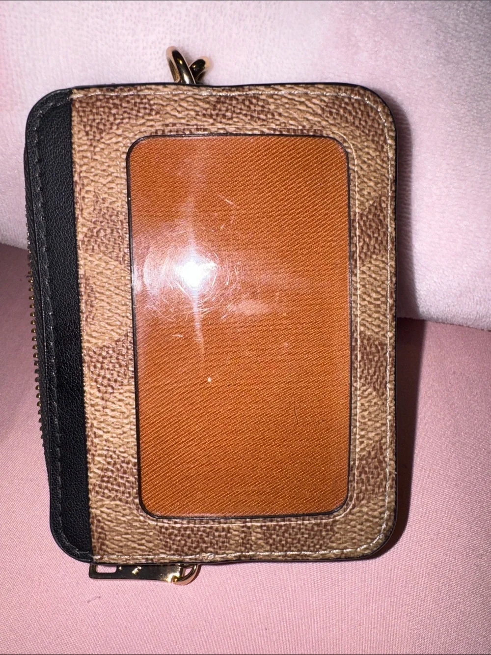 Coach Brown Signature Card Holder with Black Trim and Gold Chain